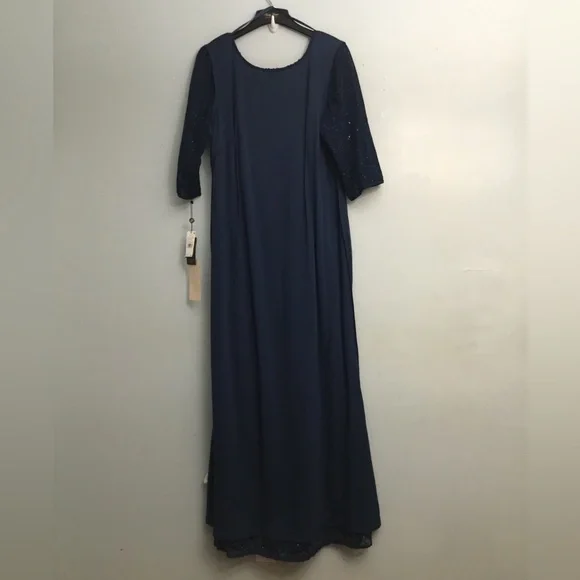 ADRIANNA PAPELL Blue and Silver Embellished Gown with Scoop Neckline - Picture 3 of 16